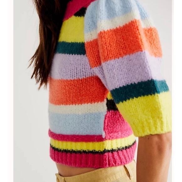 Free People / Foxy Stripe Puff Sleeve Cropped Wool Blend Sweater / sz L - Picture 3 of 5